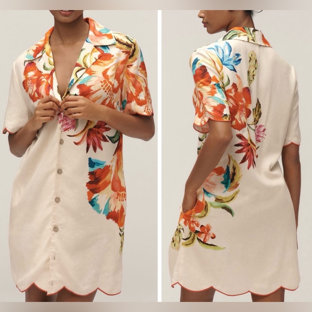 Farm Rio Floral Print Scalloped Mini Shirt Dress, Size M
